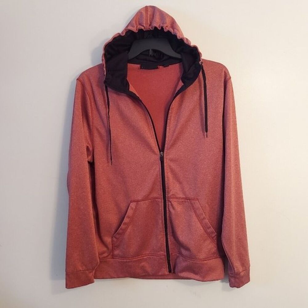 FISSION Mens Large Zip-up Hooded Jacket Red Tone Black Lightweight Fleece Hoodie